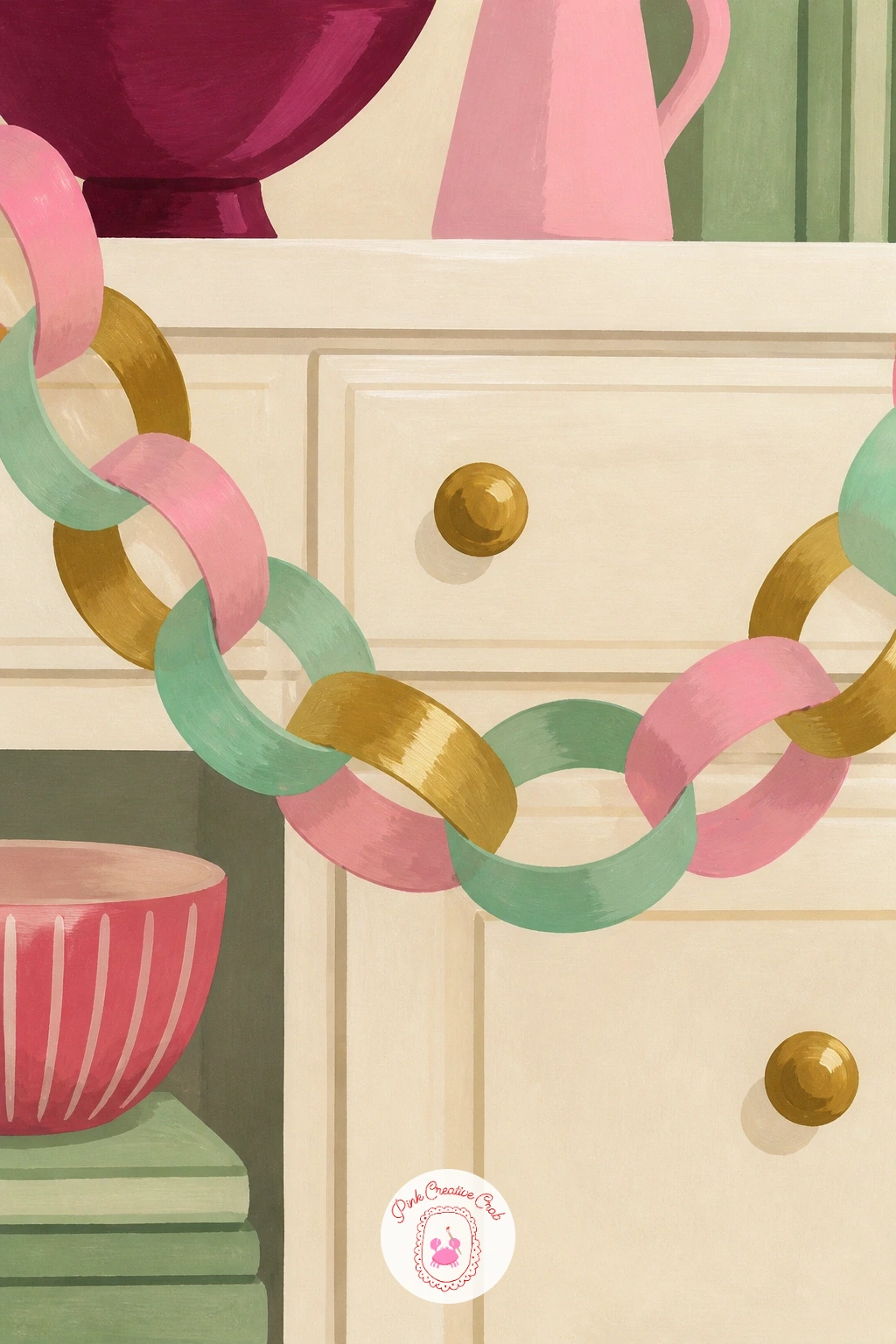 Paper Chain in Candy Colors Across a Kitchen — Carry that candy palette into a kitchen next with a paper chain strung across the top of a window or cabinet, a