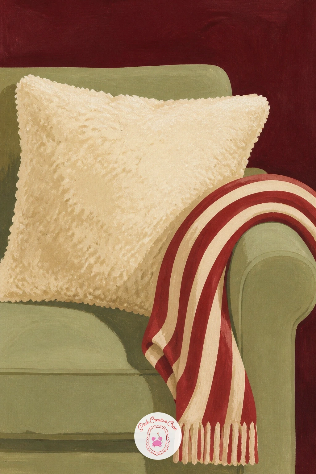 Teddy Fur Cushion on a Sofa With a Red Striped Throw — Settle into the living room with a teddy fur cushion and a red striped throw on a sofa, the cozy textile