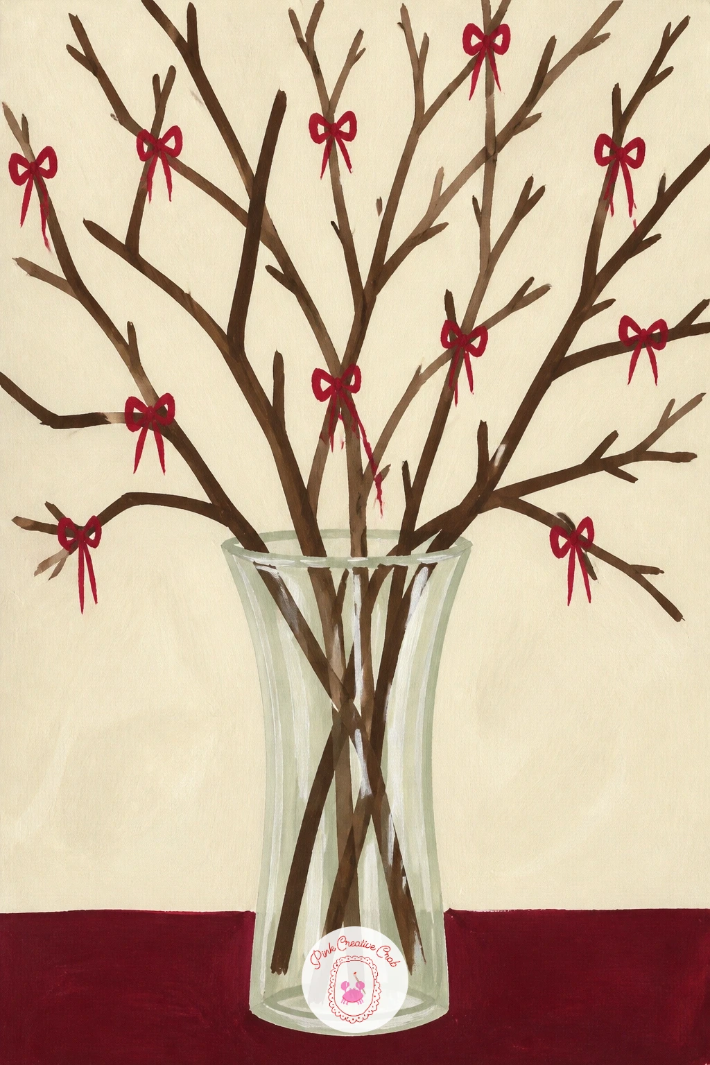 Glass Vase of Bare Branches With Tiny Bows — Trade the soft textures for something sparer next: a glass vase of bare branches tied with tiny bows, a minimalist