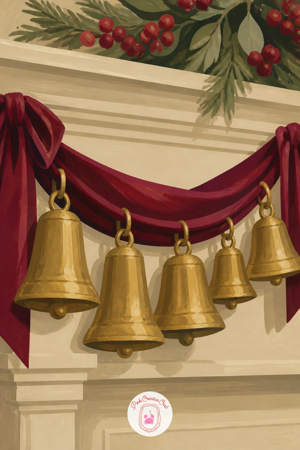Mantel of Brass Bells and Velvet Ribbon — Return to the mantel for a fuller scene this time: a row of brass bells strung along velvet ribbon. Christmas decor