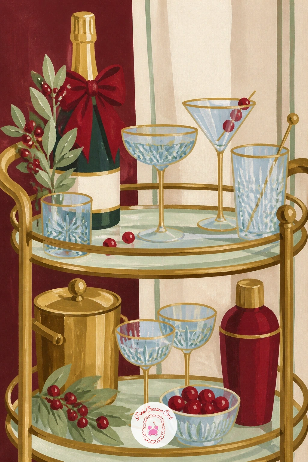 Bar Cart With Festive Glassware — Add a little sparkle with a bar cart set up for the season, glasses and a bottle or two dressed in festive color. Christmas