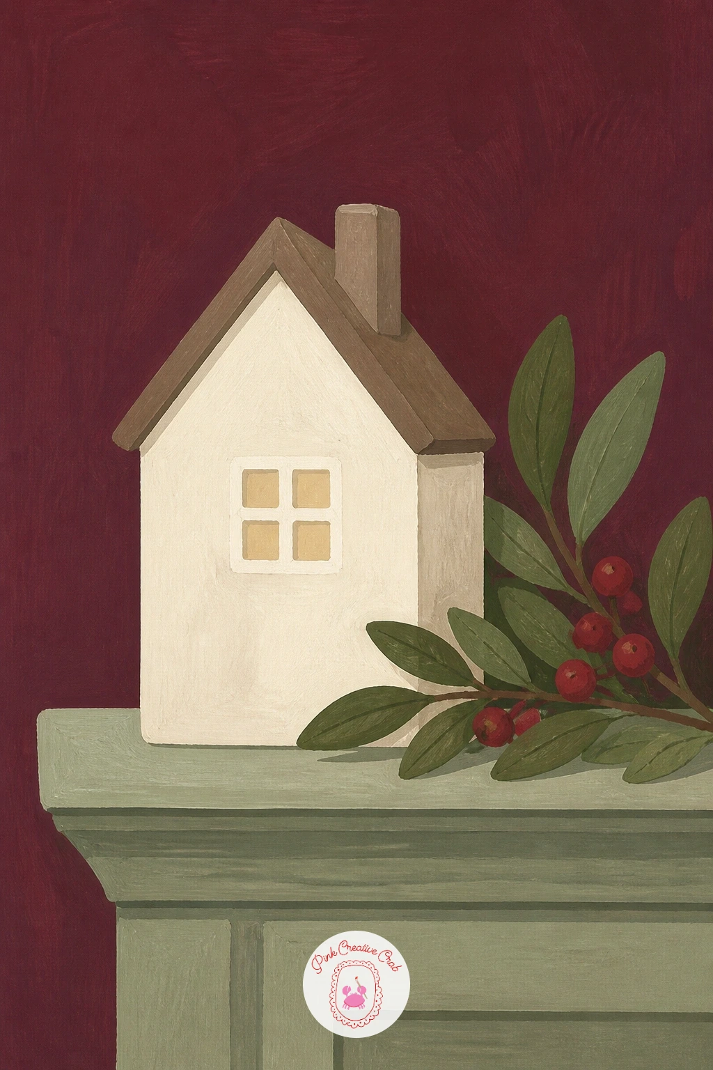 Wooden House Ornament on a Shelf — Sit a small wooden house ornament on a shelf next, the simple carved-looking decoration that pairs well with the folk