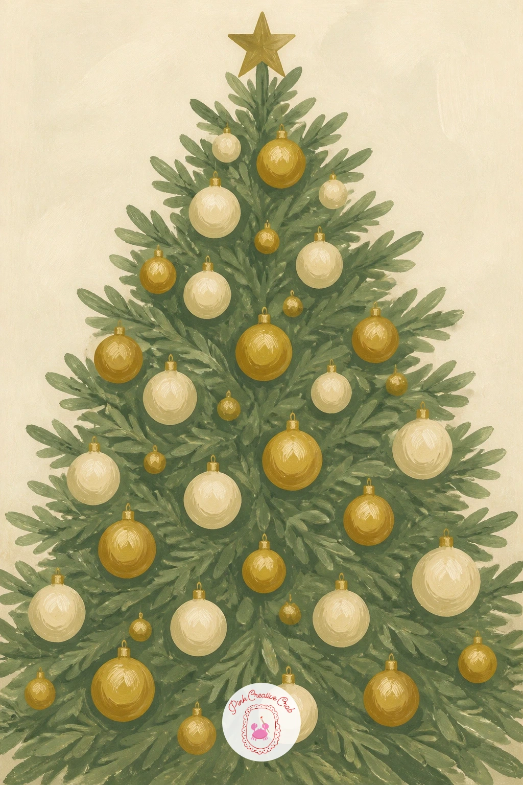 A Tree With Only Gold and Cream Baubles — Paint a full tree for the first time in this list, dressed in nothing but gold and cream baubles, the restrained