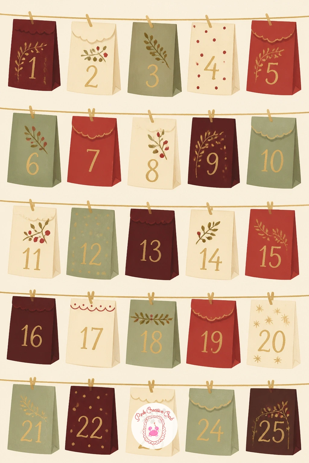 Advent Calendar of Little Paper Bags — Switch gears to an advent calendar made of little paper bags pinned in a grid, a handmade-looking alternative to the