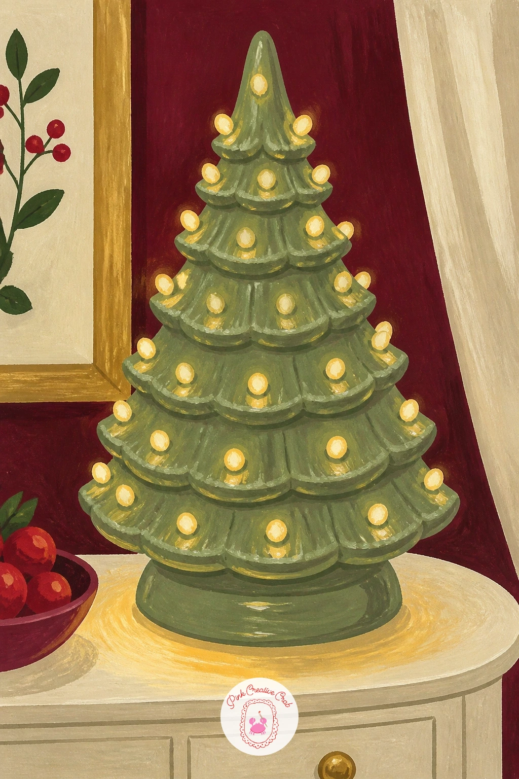 Ceramic Tree Glowing on a Side Table — Bring back a nostalgic favorite with the ceramic Christmas tree, lit from within, glowing on a side table, a vintage