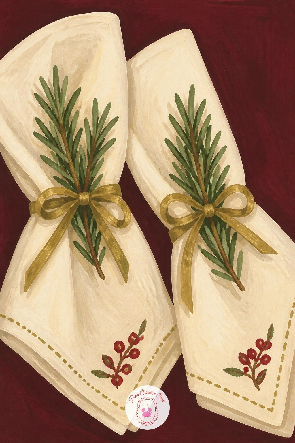 Embroidered Napkins Tied With Rosemary — Return to the table for a quieter detail: embroidered napkins tied with a sprig of rosemary, a simple natural touch