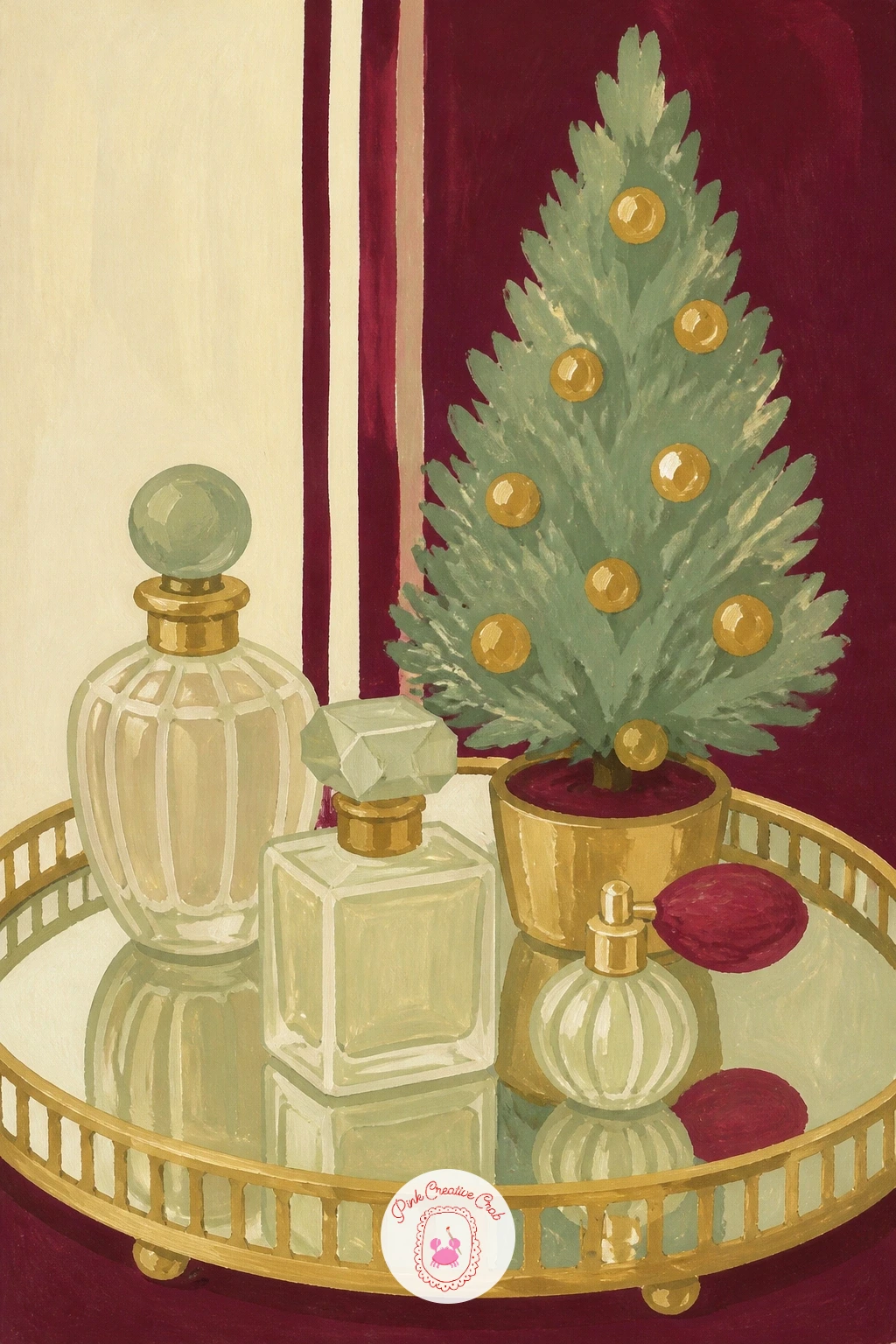 A Mirrored Tray of Perfume and a Mini Tree — Step into the bedroom with a mirrored tray holding a few perfume bottles and a tiny tabletop tree, a vanity