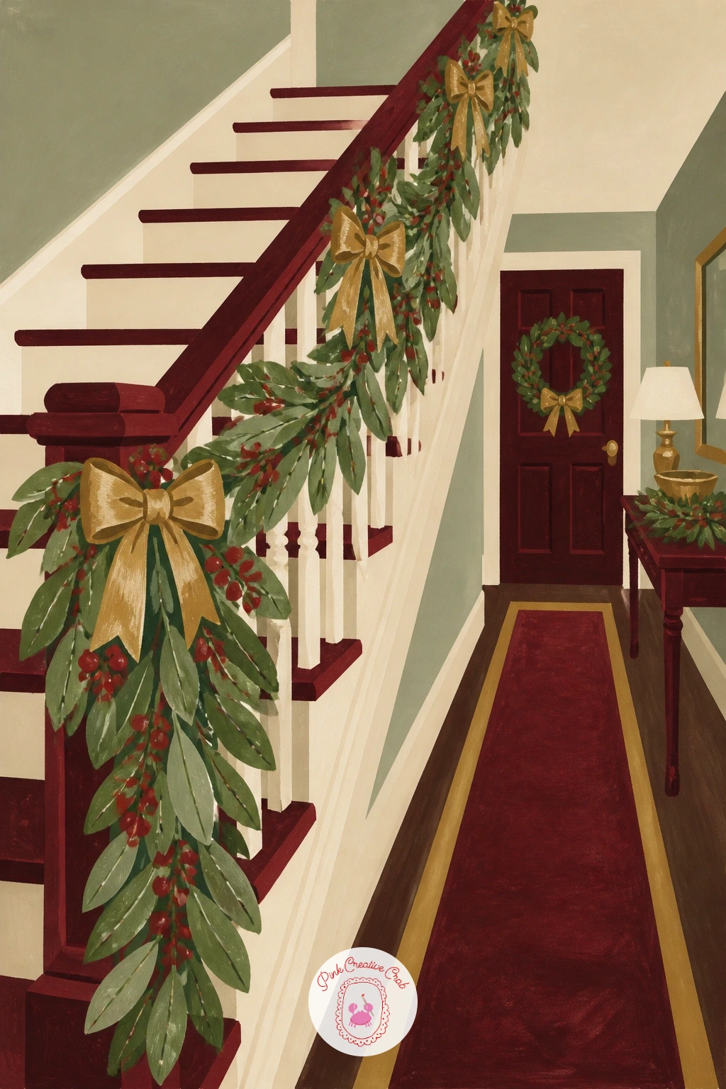 A Hallway With Garland on the Banister — Widen the scene into a full hallway next, with garland wound along a staircase banister, a classic holiday entrance