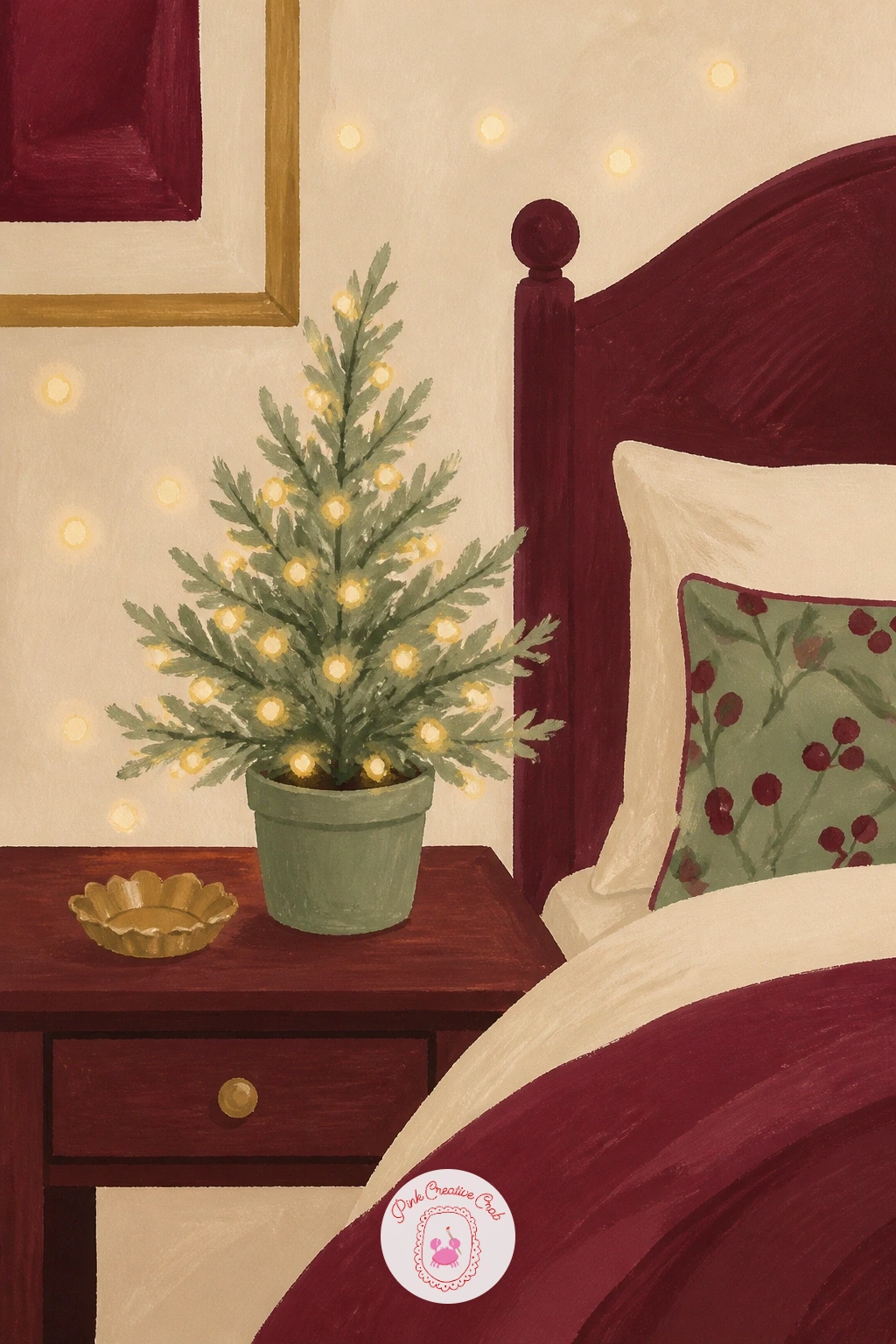 A Bedroom With a Tiny Tree and Fairy Lights — Settle into a cozy bedroom corner next, with a tiny tabletop tree strung in fairy lights, a soft, intimate scene