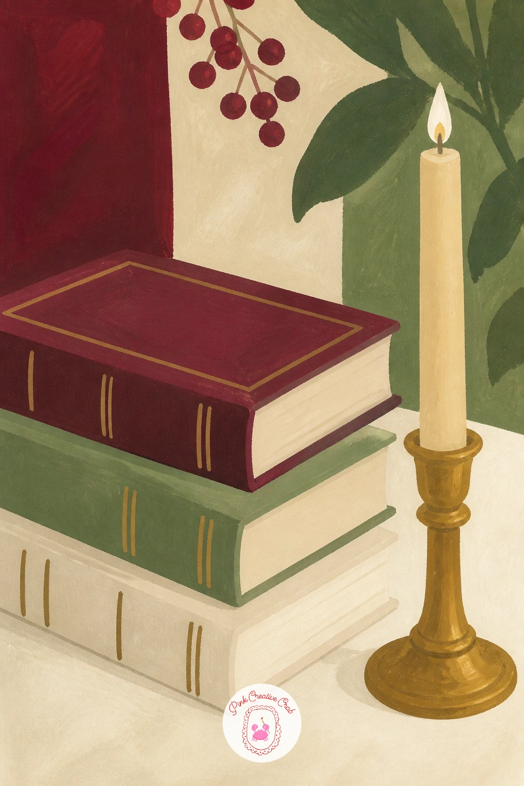 A Coffee Table Book Stack With a Candle — Simplify again with a small still life: a stack of coffee table books with one taper candle beside them, a quiet