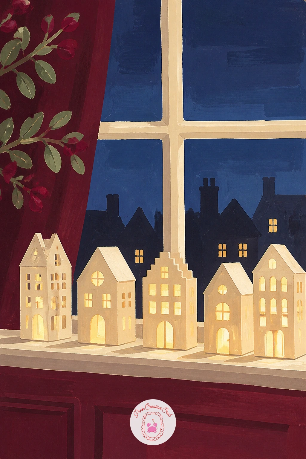 A Window Sill With Paper House Lanterns — Return to the window for a row of little paper house lanterns lined along the sill, a soft glowing display that is a