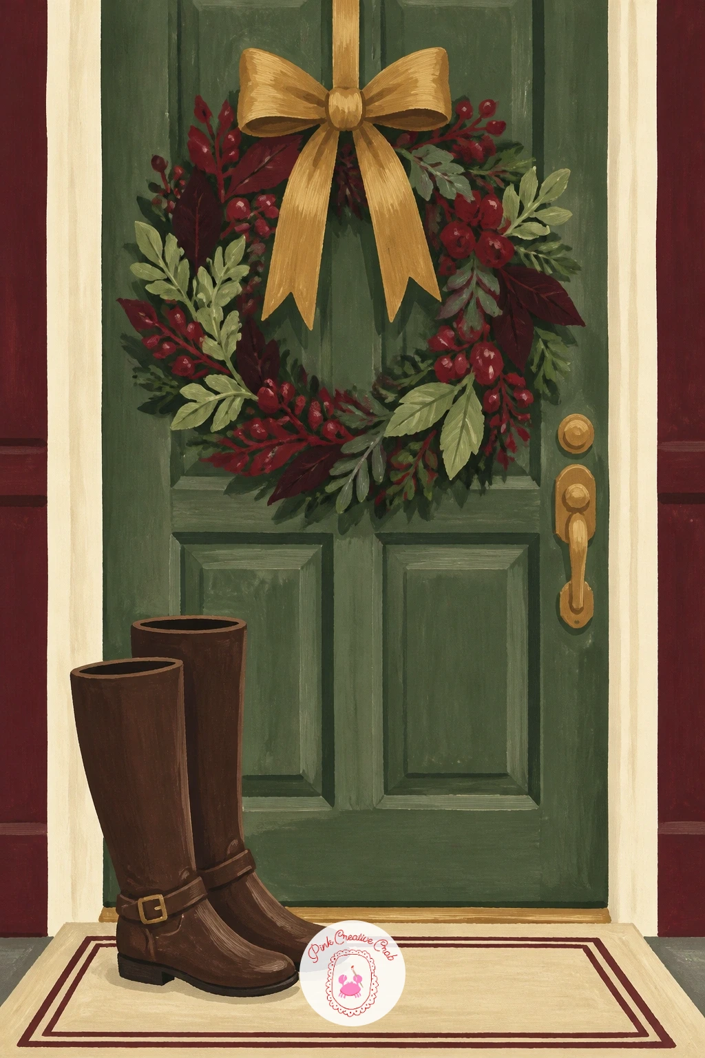 An Entryway With Boots and a Wreath — Welcome guests with an entryway scene: a pair of boots by the door and a wreath hanging above them, a cozy, lived-in