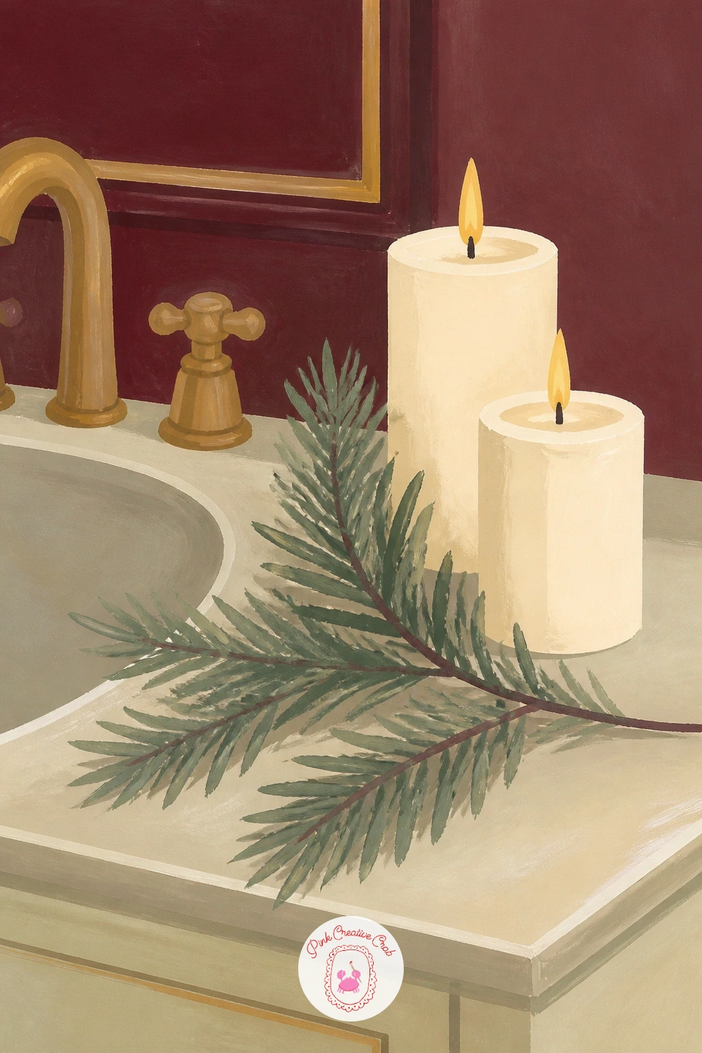 A Bathroom With a Pine Branch and Candles — Close the room-by-room tour with a small, calm bathroom vignette: a single pine branch laid beside a few candles on