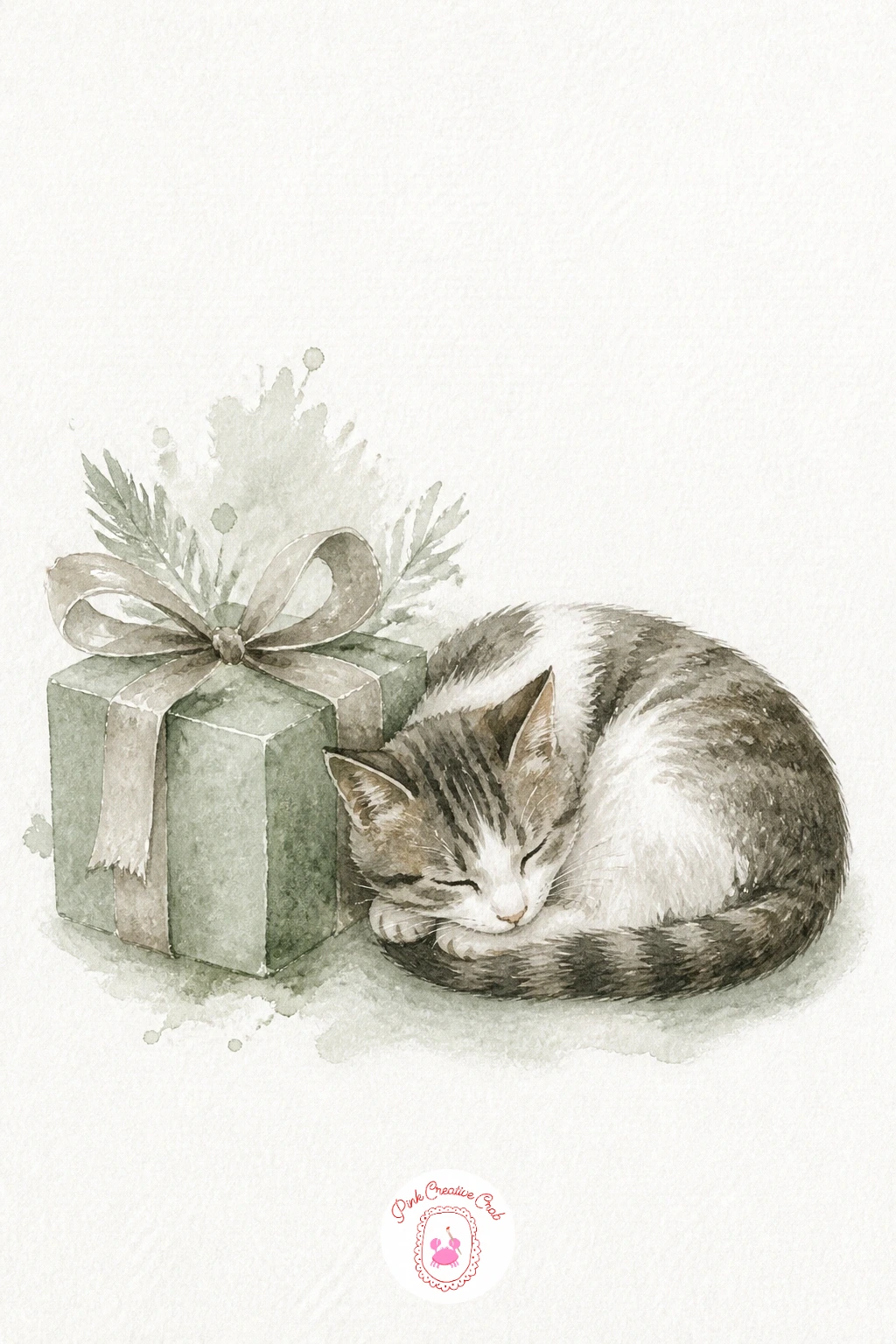 Gift Box Beside A Sleeping Cat — Bring in a little character with this one: a wrapped gift box and a cat curled up asleep beside it. Christmas watercolor