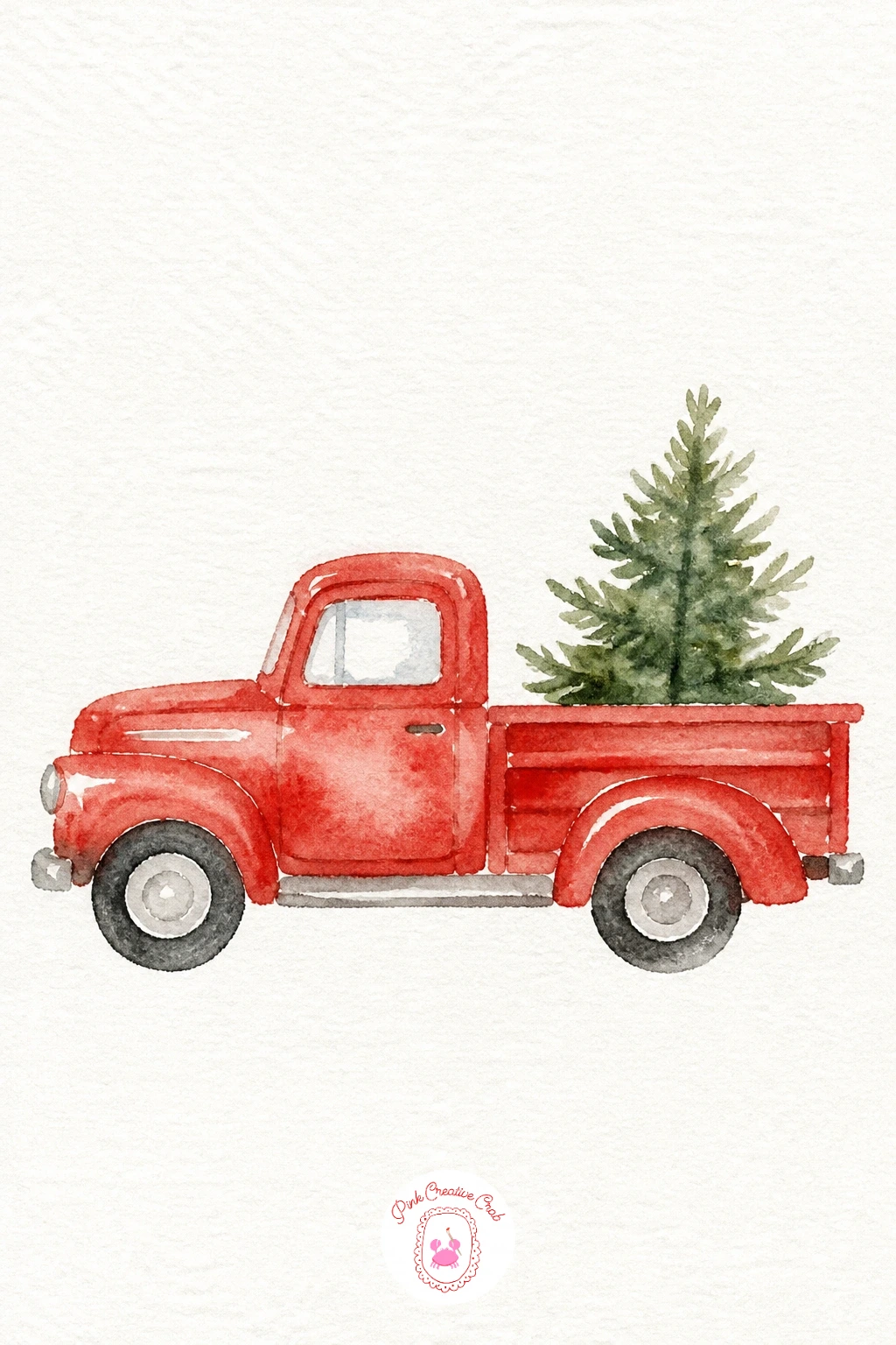 Red Truck With A Small Tree — Shift gears into a tiny scene with this old red truck carrying a small tree in its bed. Christmas watercolor paintings easy