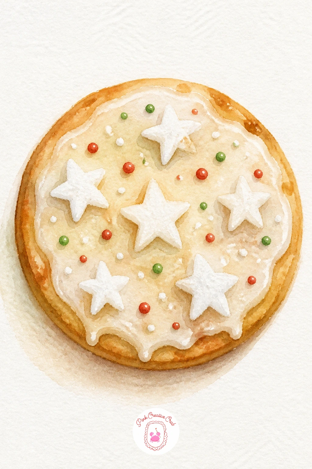Christmas Cookie With Icing Stars — Keep the warm kitchen mood going with a simple round cookie topped with icing stars. Christmas watercolor paintings easy