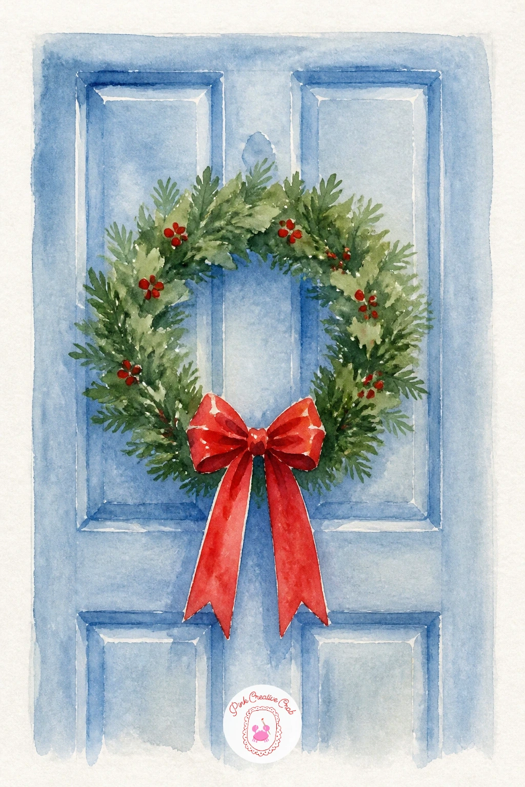 Wreath On A Blue Door — After a string of small objects, this one gives you a bit of background to work with. Christmas watercolor paintings easy