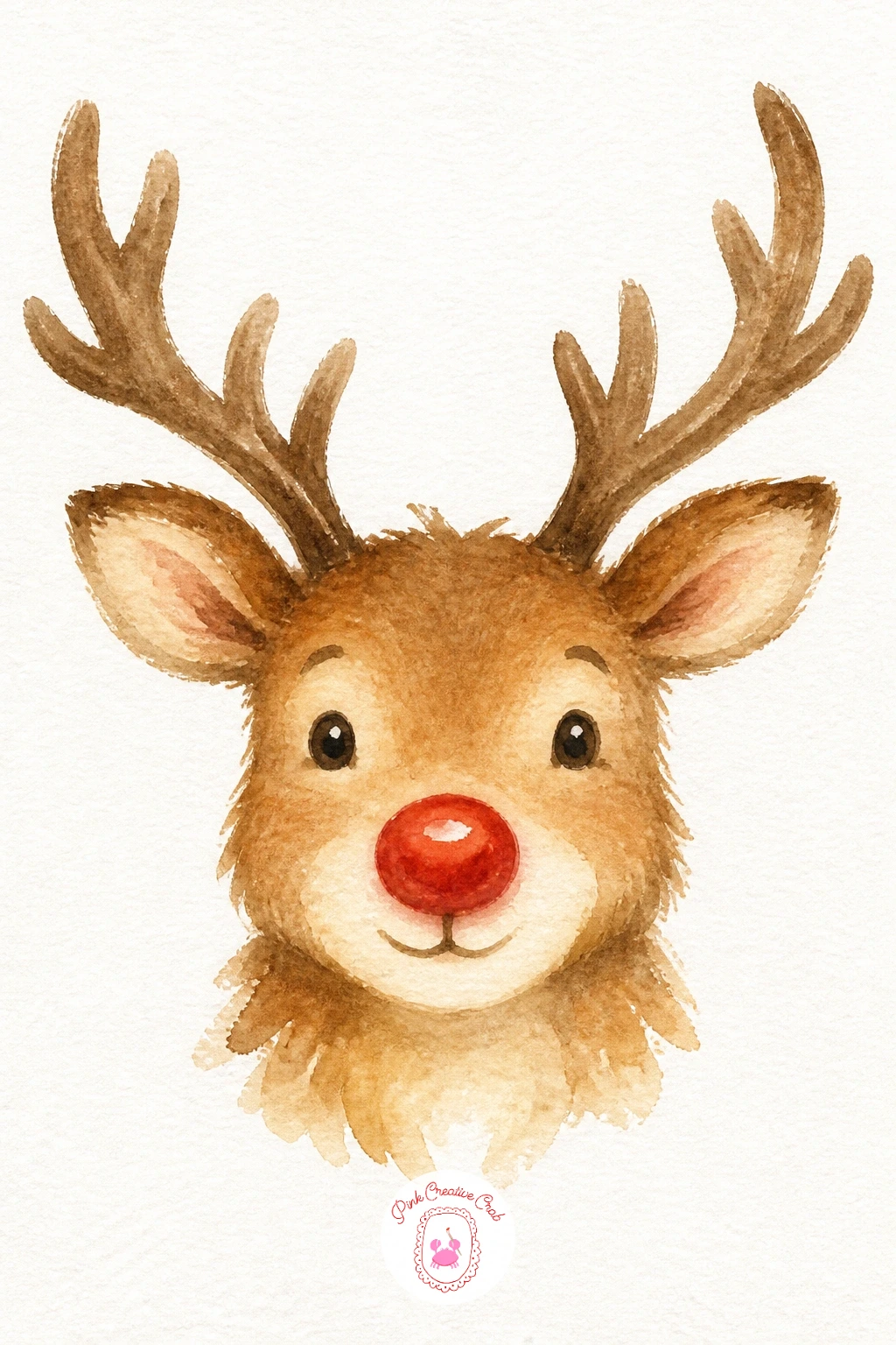 Reindeer Face With A Red Nose — This friendly face works well as a quick, bold subject. Christmas watercolor paintings easy
