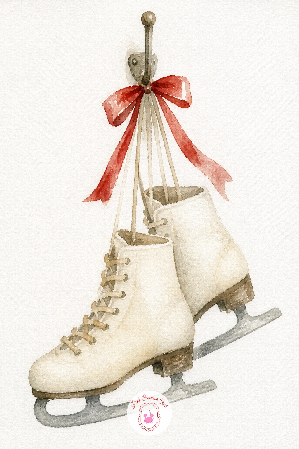 Ice Skates Hanging On A Hook — This one plays with a few overlapping curved shapes. Christmas watercolor paintings easy