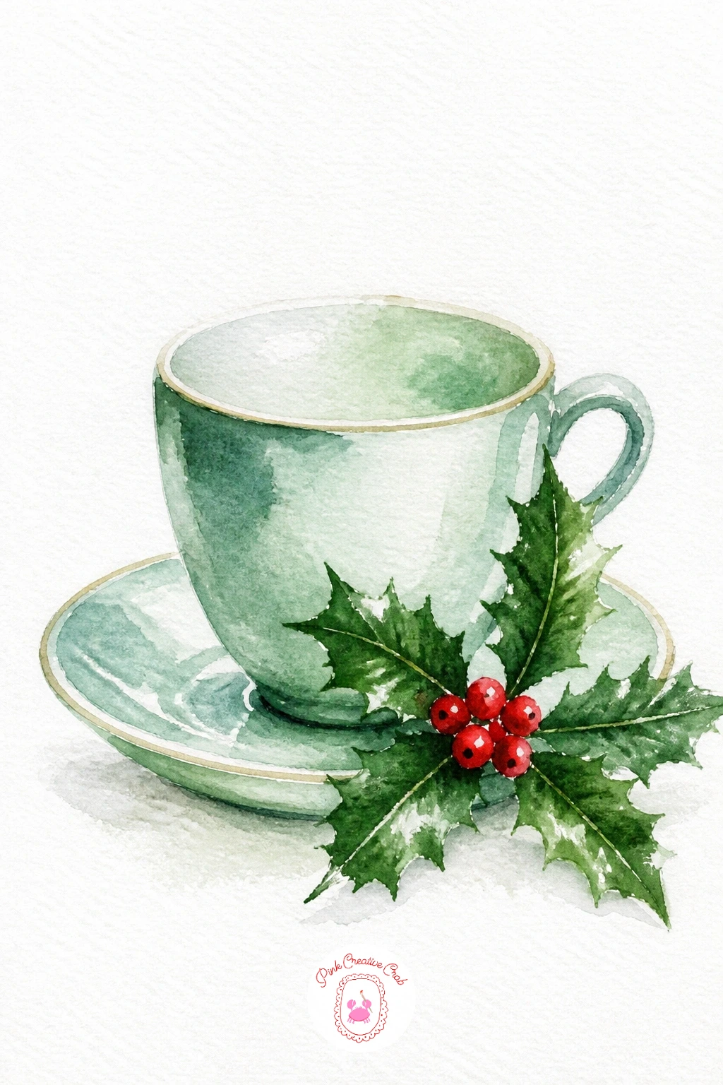 Teacup With A Sprig Of Holly — Returning to a cozy tabletop subject, this teacup pairs well with the mistletoe sprig earlier in the list if you want to