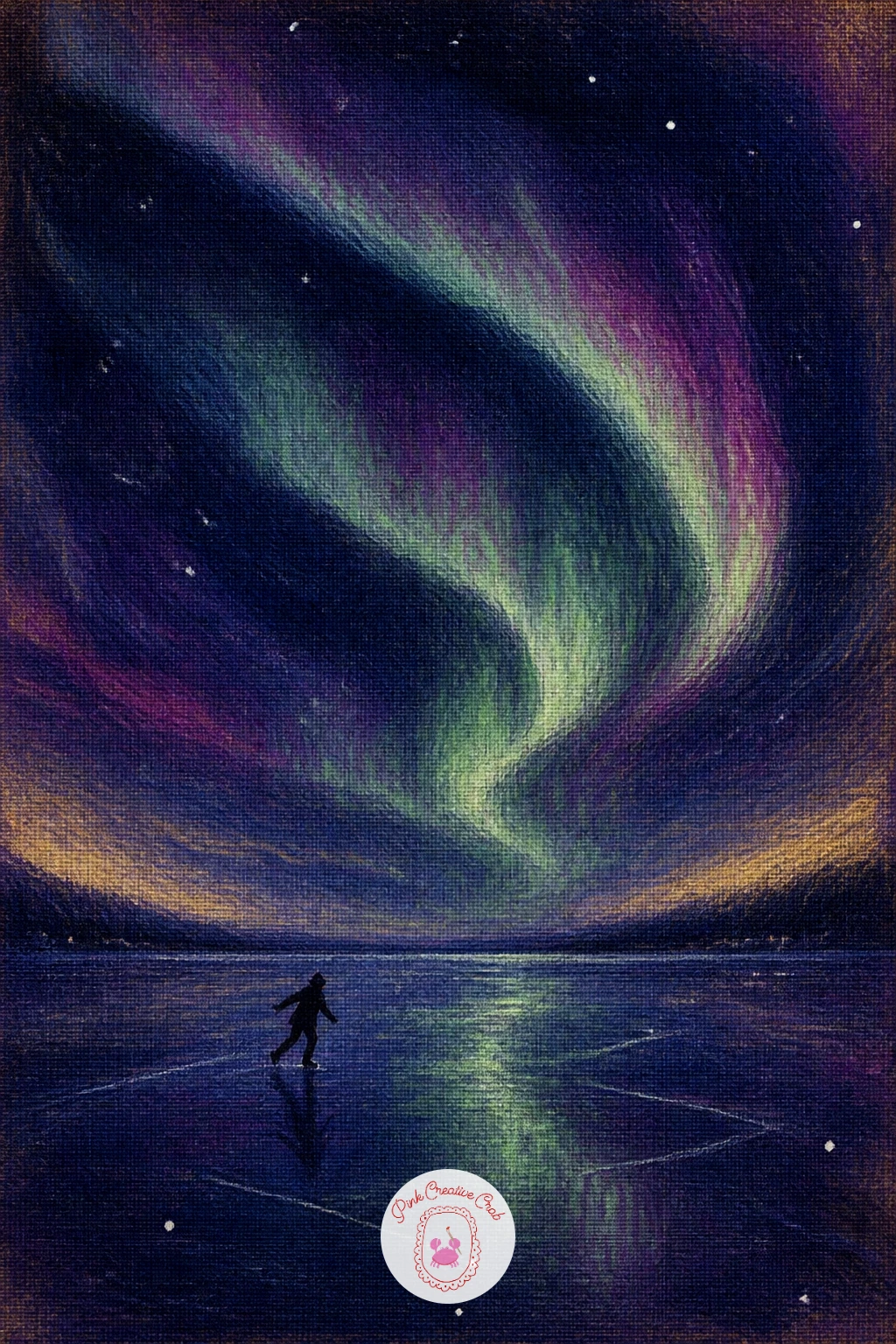 Northern Lights Over a Frozen Lake — Once the cabin glow feels comfortable, move to something bigger: northern lights over a frozen lake with a lone skater.