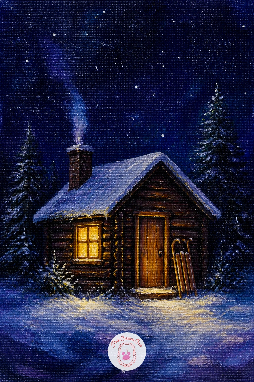 Lit Cabin With a Sled by the Door — Start with the easiest scene in the whole list: a lit cabin with a sled by the door under the stars. Winter night painting