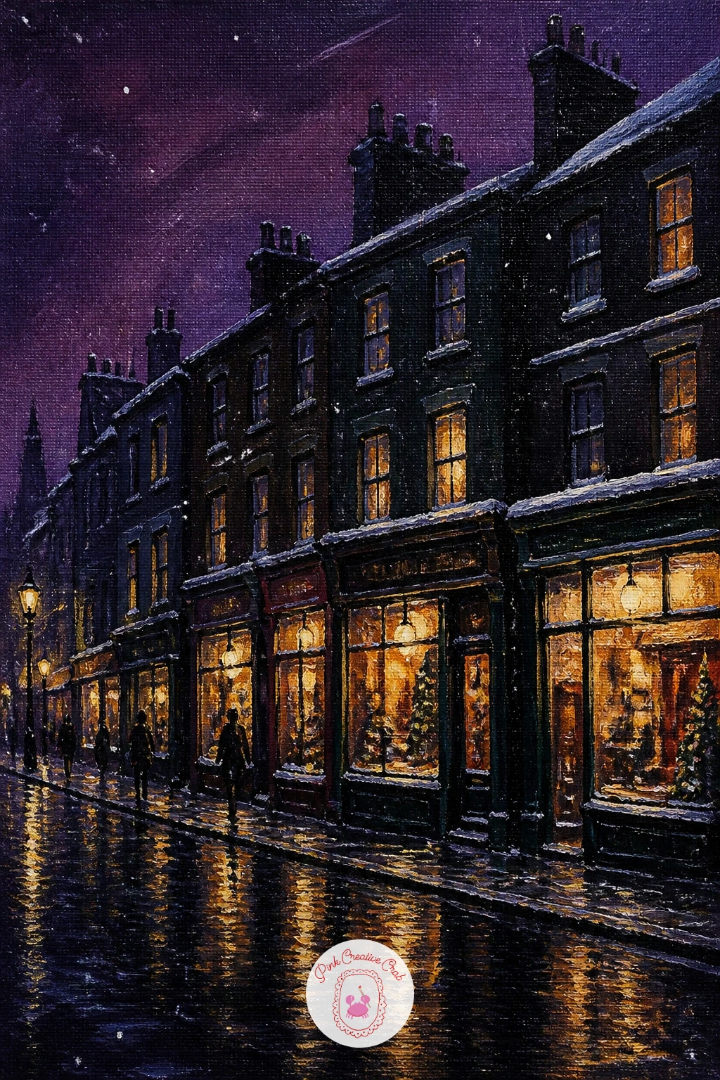 City Street With Glowing Shop Windows — Trade the wilderness for pavement with a city street at night with glowing shop windows. Winter night painting