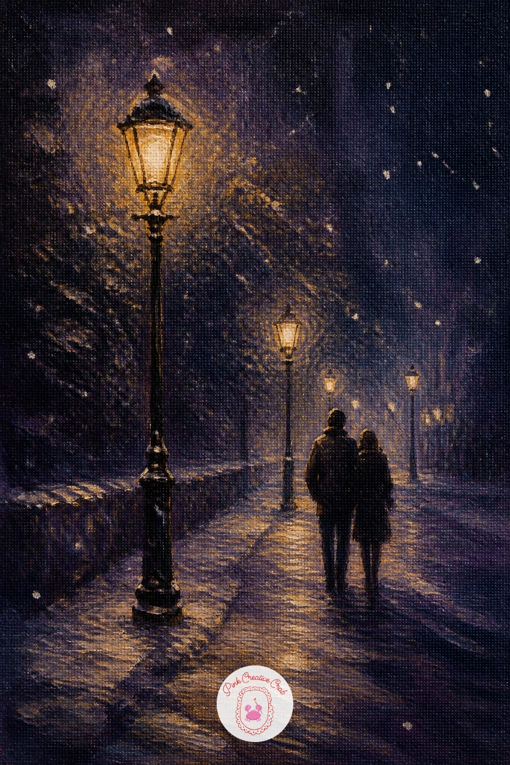 Couple Walking Under Streetlamps in Falling Snow — Bring people into the scene with a couple walking under streetlamps in falling snow. Winter night painting