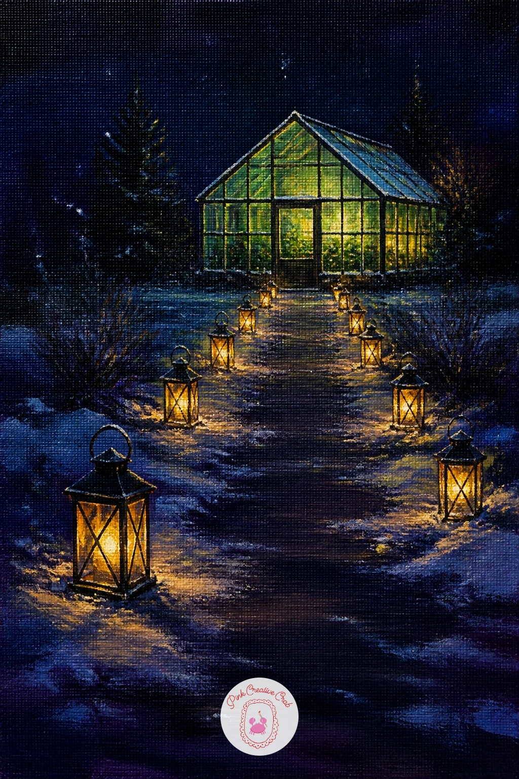Lantern-Lit Path to a Greenhouse — Slow the pace down with a lantern-lit path to a greenhouse, a quieter scene built almost entirely from small glowing dots.