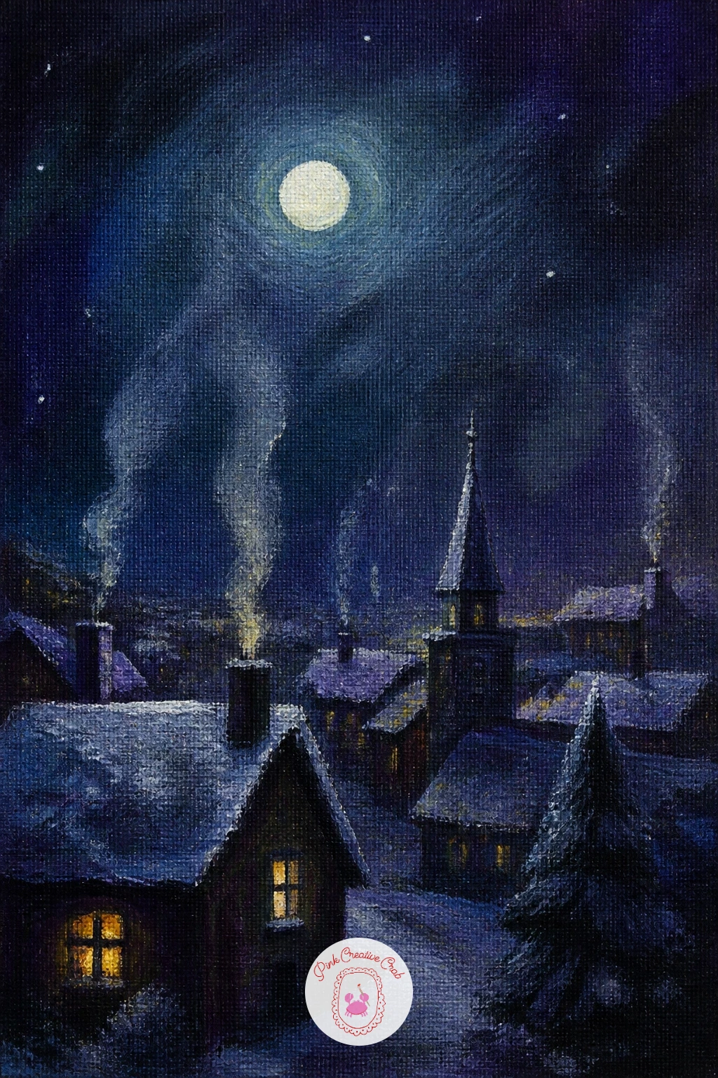 Moonlit Village With Chimney Smoke — Widen the view with a moonlit village with smoke from chimneys, a scene that leans on cool moonlight rather than warm gold