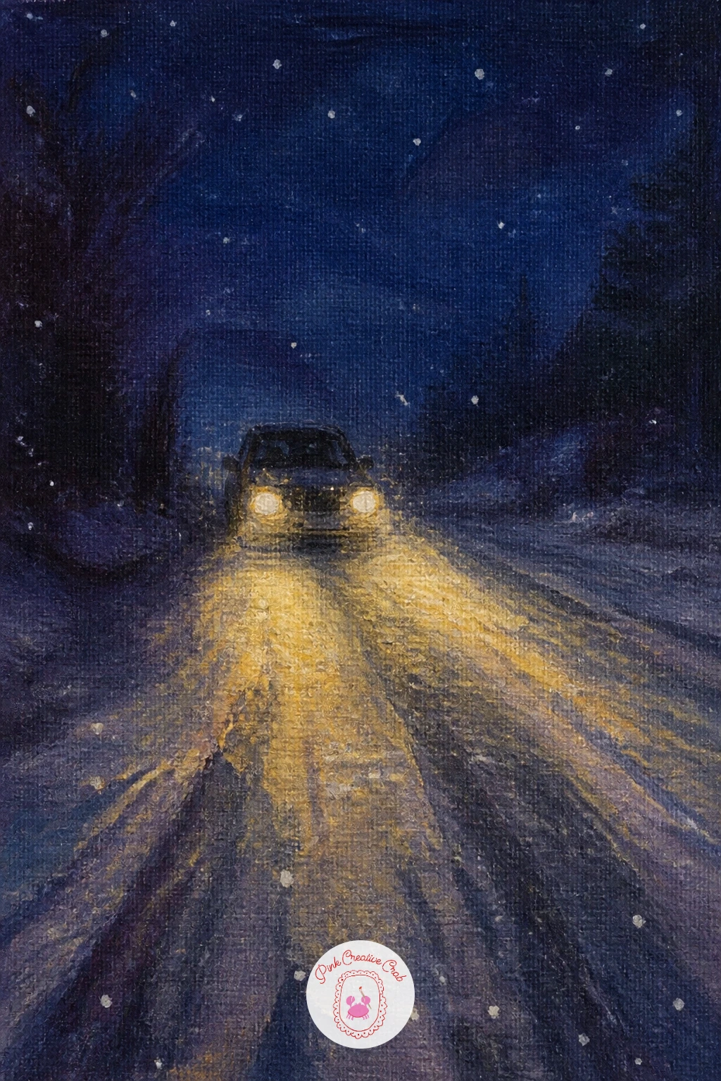 Car With Headlights on a Snowy Road — Shift the mood to motion with a car with headlights on a snowy road, where the two beams become the whole light source.