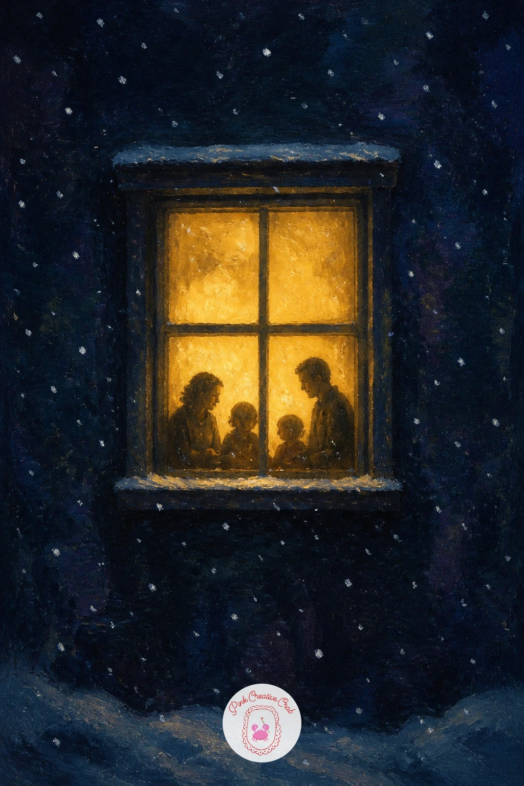 Window Glowing Gold With a Family Inside — Zoom right in with a window glowing gold with a family inside, a close up scene that works almost like a little