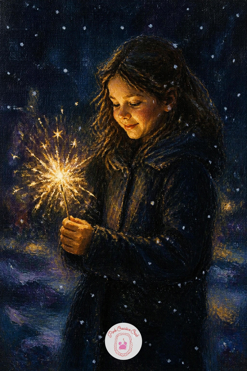 Girl Holding a Sparkler in the Snow — Add a quiet human moment with a girl holding a sparkler in the snow, where one bright point of light becomes the whole