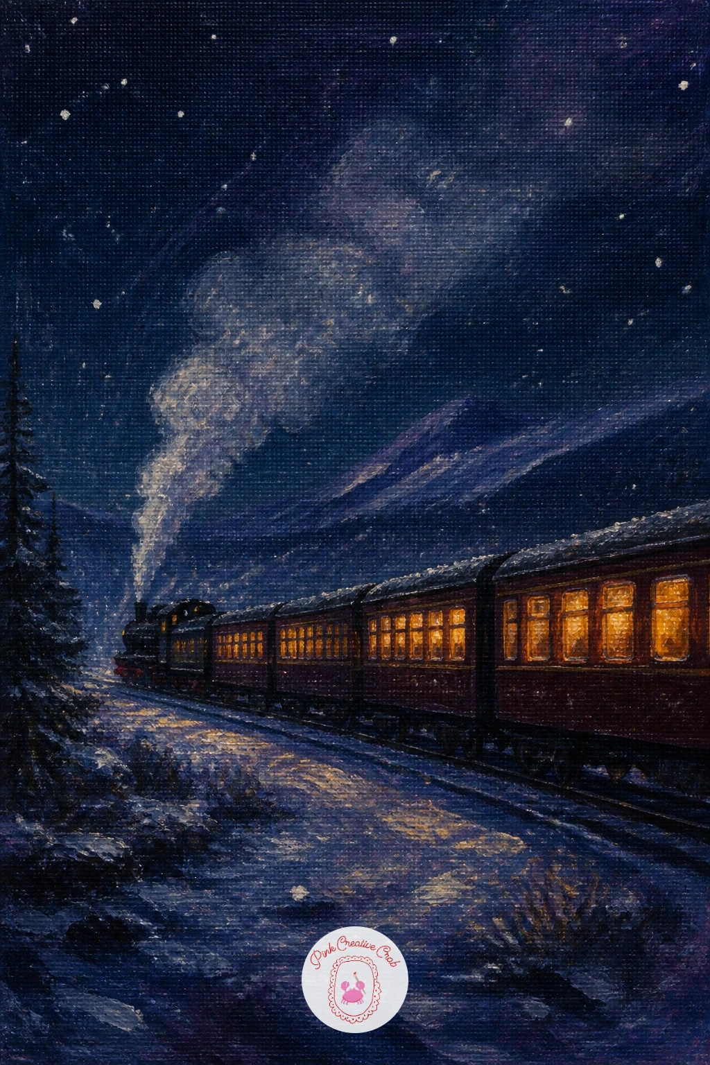 Train at Night With Lit Carriages — Keep the motion going with a train at night with lit carriages, a long horizontal subject that suits a wide canvas well.