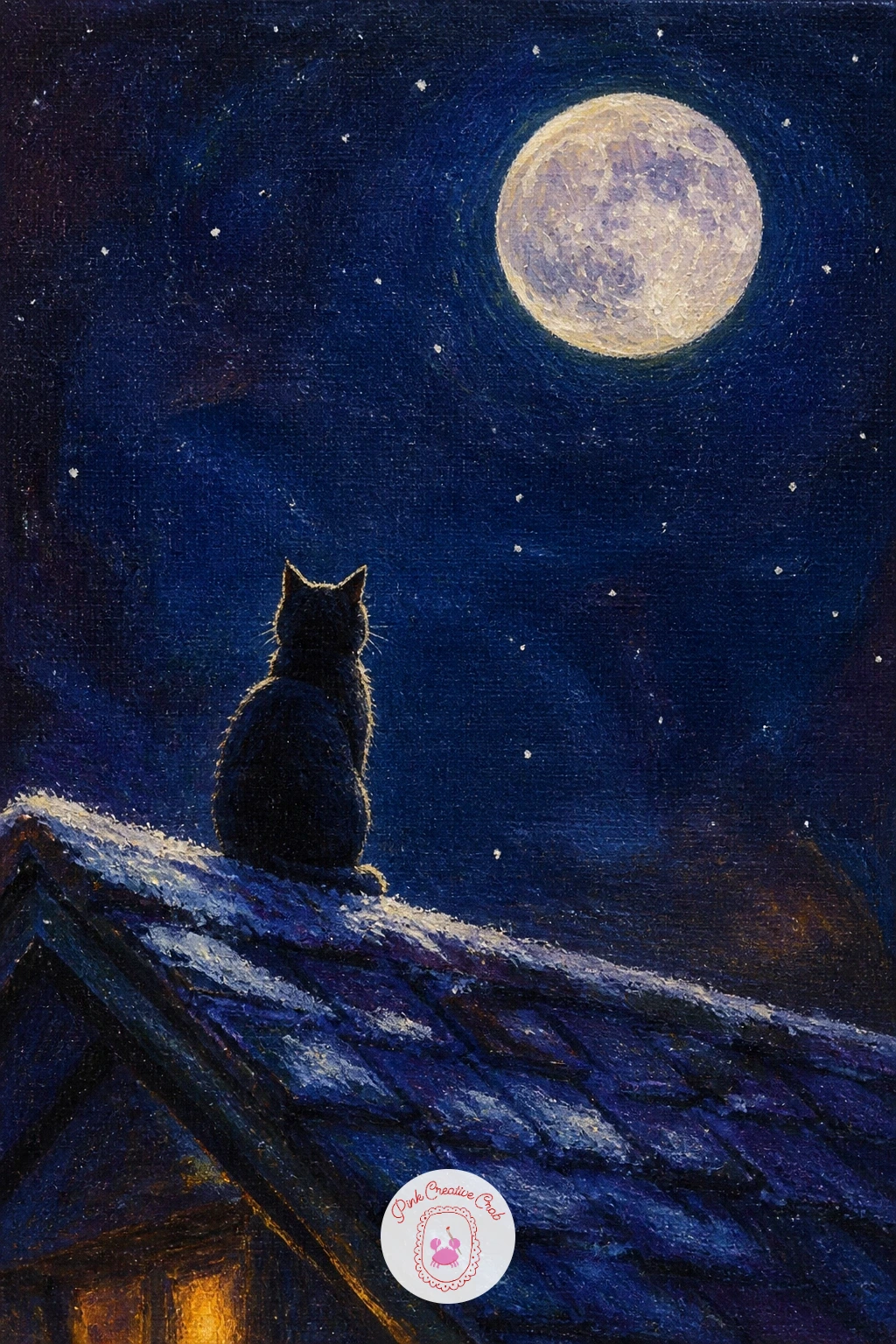 Cat on a Roof Looking at the Moon — Switch to something quieter with a cat on a roof looking at the moon, a simple, almost minimal composition that relies on