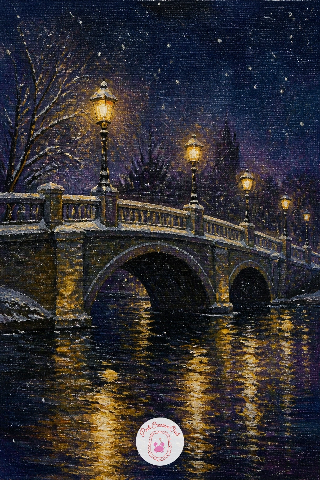 Snowy Bridge With Lamps Reflected in Water — Add some architecture back in with a snowy bridge with lamps reflected in water, a scene that doubles every light