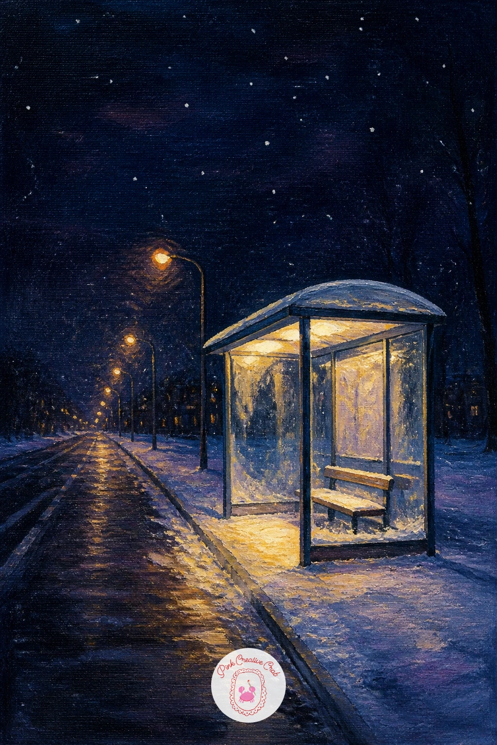 Bus Stop Glowing in the Snow — Go small and modern with a bus stop glowing in the snow, an unglamorous subject that turns surprisingly striking at night.
