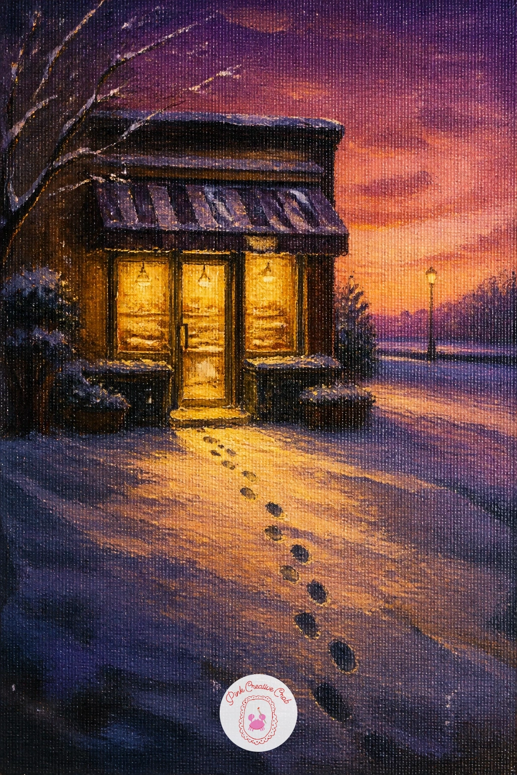 Bakery Opening at Dawn With Light Spilling Out — Shift the time of day slightly with a bakery opening at dawn with light spilling out, the one scene in this