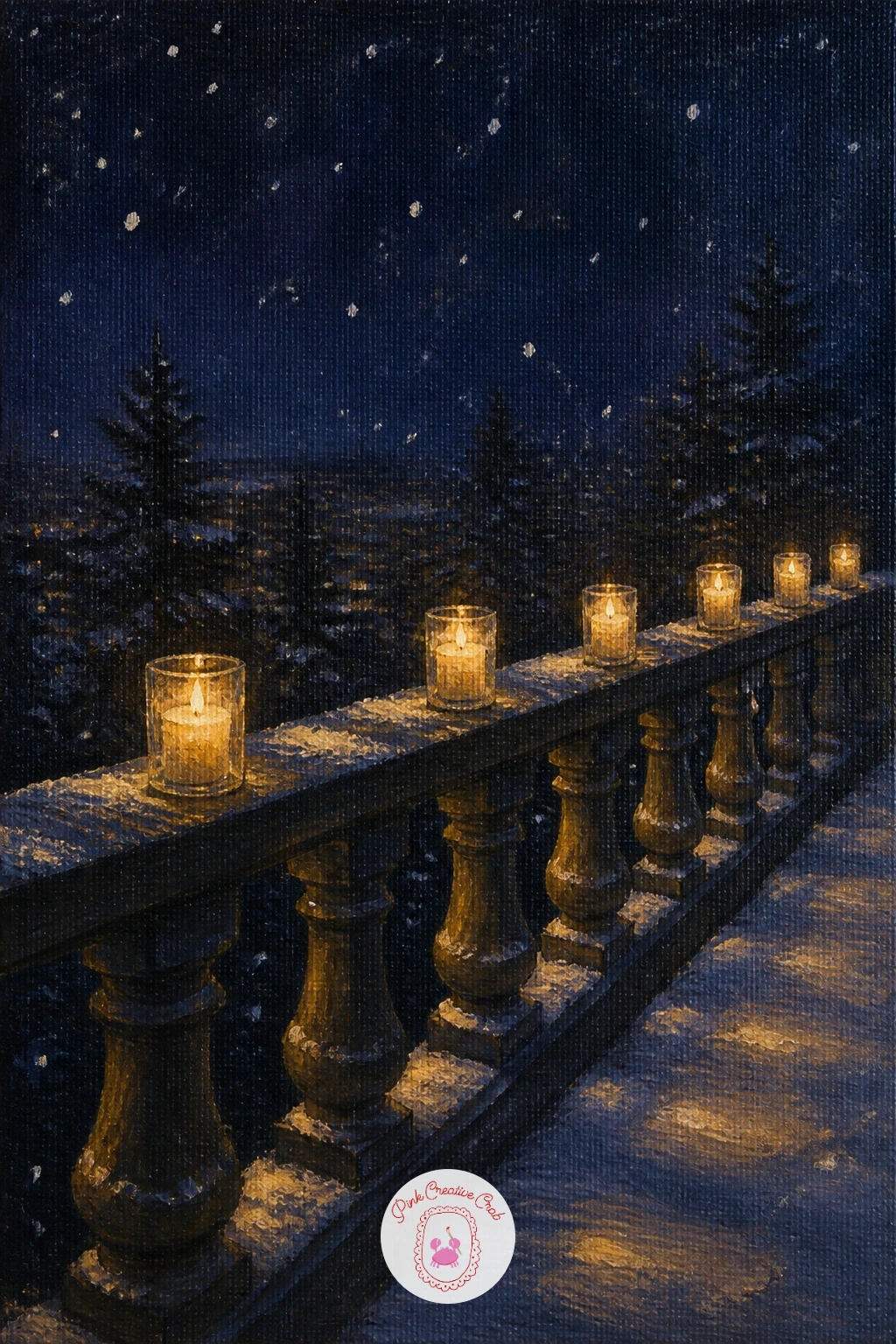 Balcony With Candles and Snowfall — Bring the scene indoors slightly with a balcony with candles and snowfall, an intimate composition that works well as a