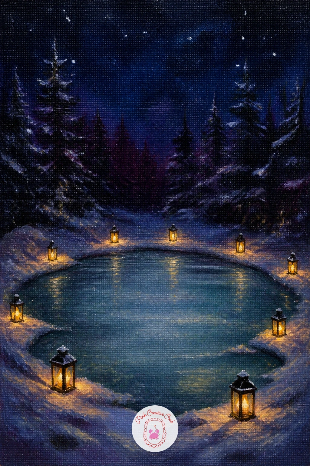 Frozen Pond With Lanterns Around It — Return to still water with a frozen pond with lanterns around it, a scene that uses several small lights ringing one calm