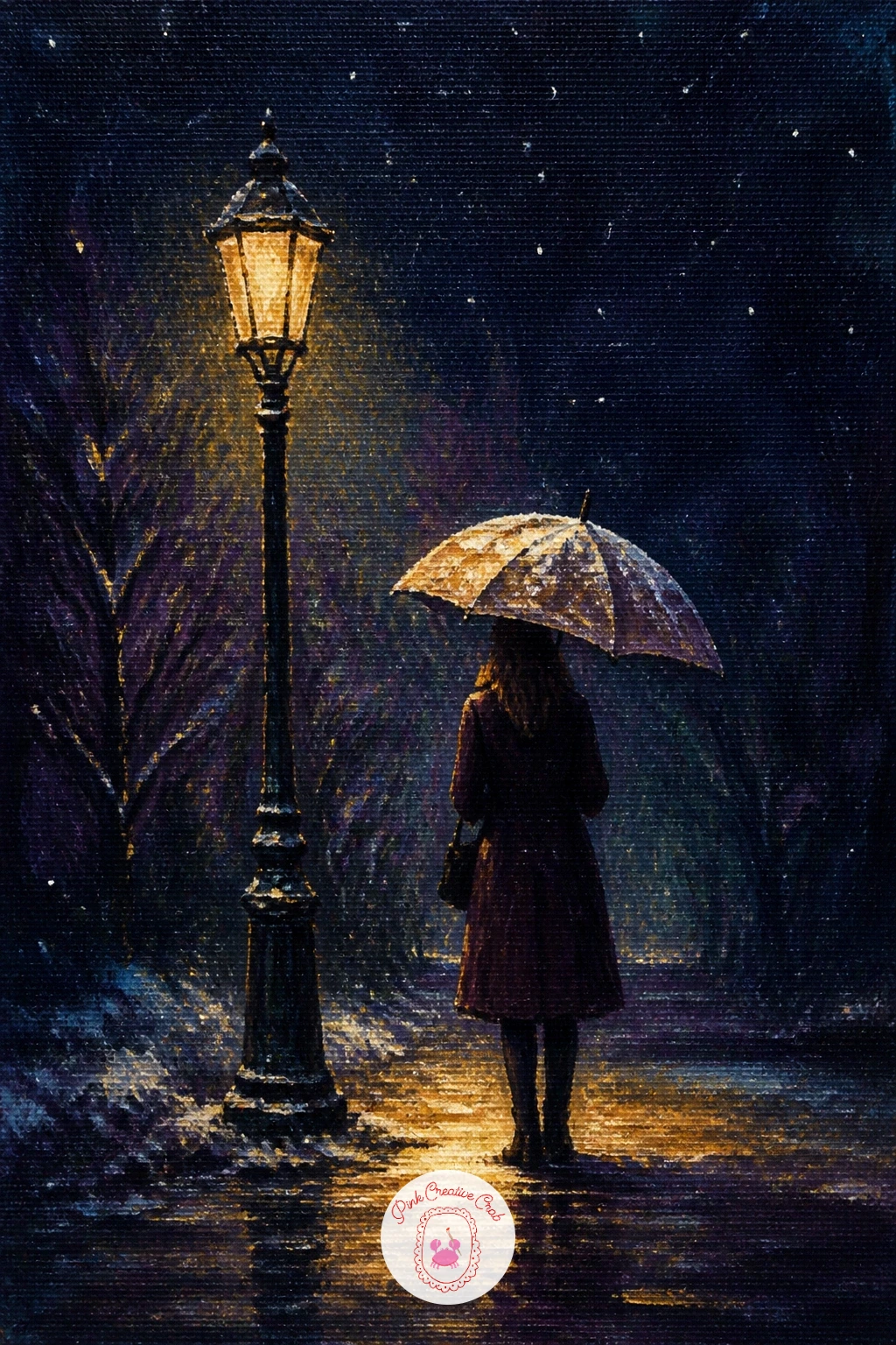 Woman With an Umbrella in Snow Under a Lamp — Bring a figure back in with a woman with an umbrella in snow under a lamp, a quieter cousin of the earlier couple