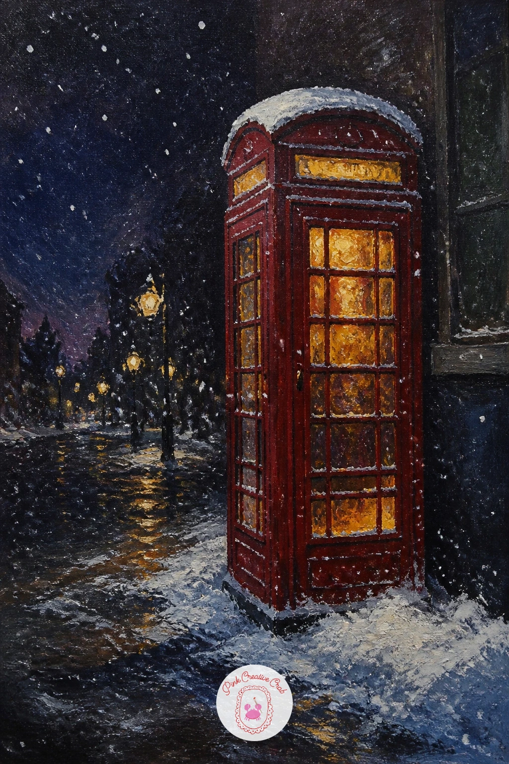 Red Phone Box Glowing in a Snowy Street — Add a strong color accent with a red phone box glowing in a snowy street, a scene where a single saturated color