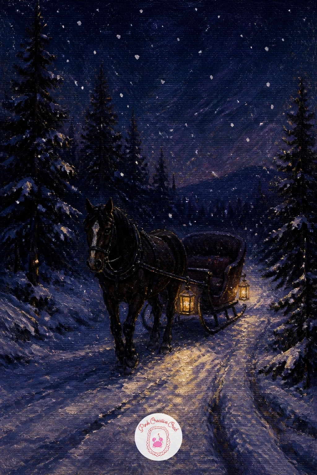 Horse and Sleigh With Lanterns at Night — Bring in movement again with a horse and sleigh with lanterns at night, one of the more involved scenes on this list