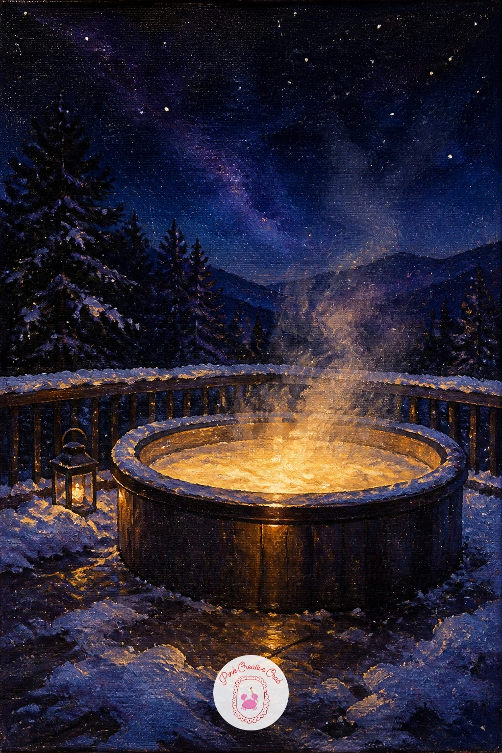 Hot Tub Steaming Under the Stars — Cool the palette down with something unexpected: a hot tub steaming under the stars, a cozy scene that pairs warm glowing