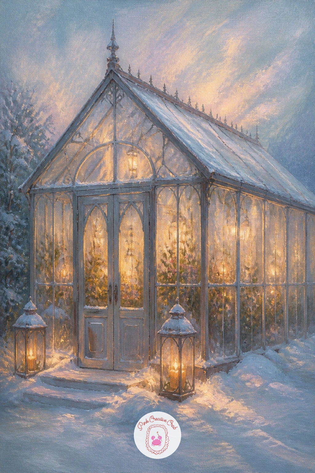 Frosted Glass Greenhouse Glowing With Lanterns — A frosted glass greenhouse glowing with lanterns gives you a chance to paint warm light pushing through cold