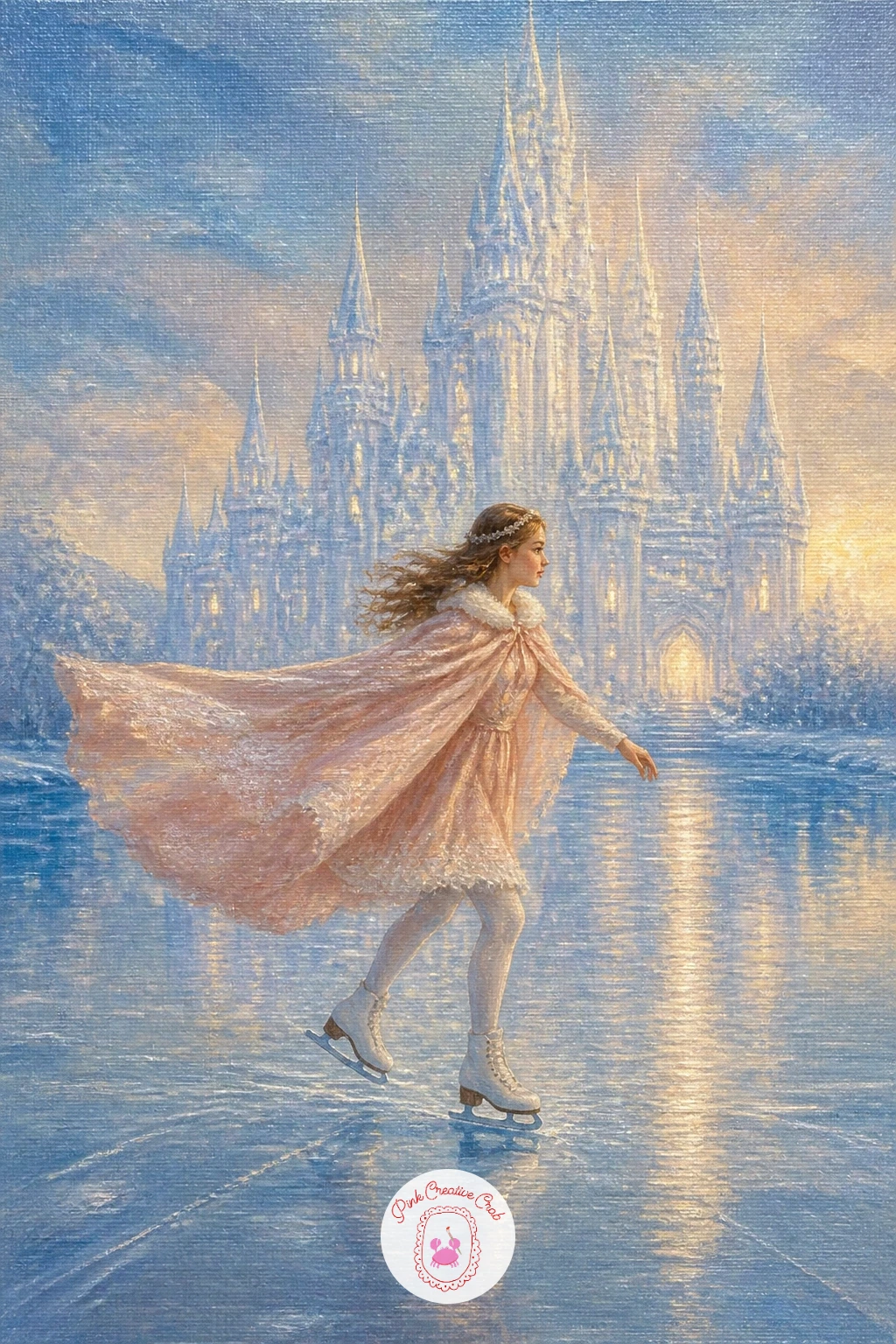 Girl Skating on a Frozen Palace Lake — Start the girl skating on a frozen palace lake with a quick pencil or thin paint sketch of the horizon line and the
