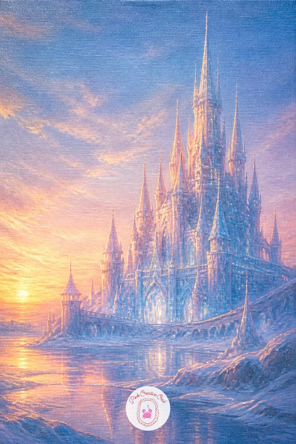 Ice Castle at Sunrise — An ice castle at sunrise asks you to think about where the light comes from before you paint a single tower. Winter wonderland painting
