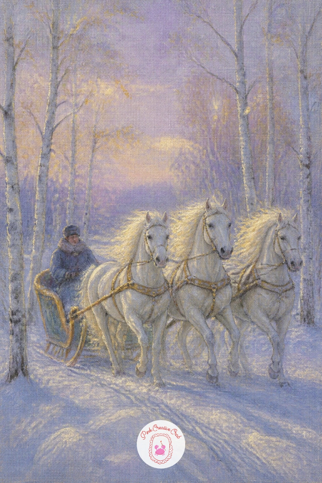 Sleigh Pulled by White Horses Through Birches — Moving from towers to motion, a sleigh pulled by white horses through birches is really a painting about a path