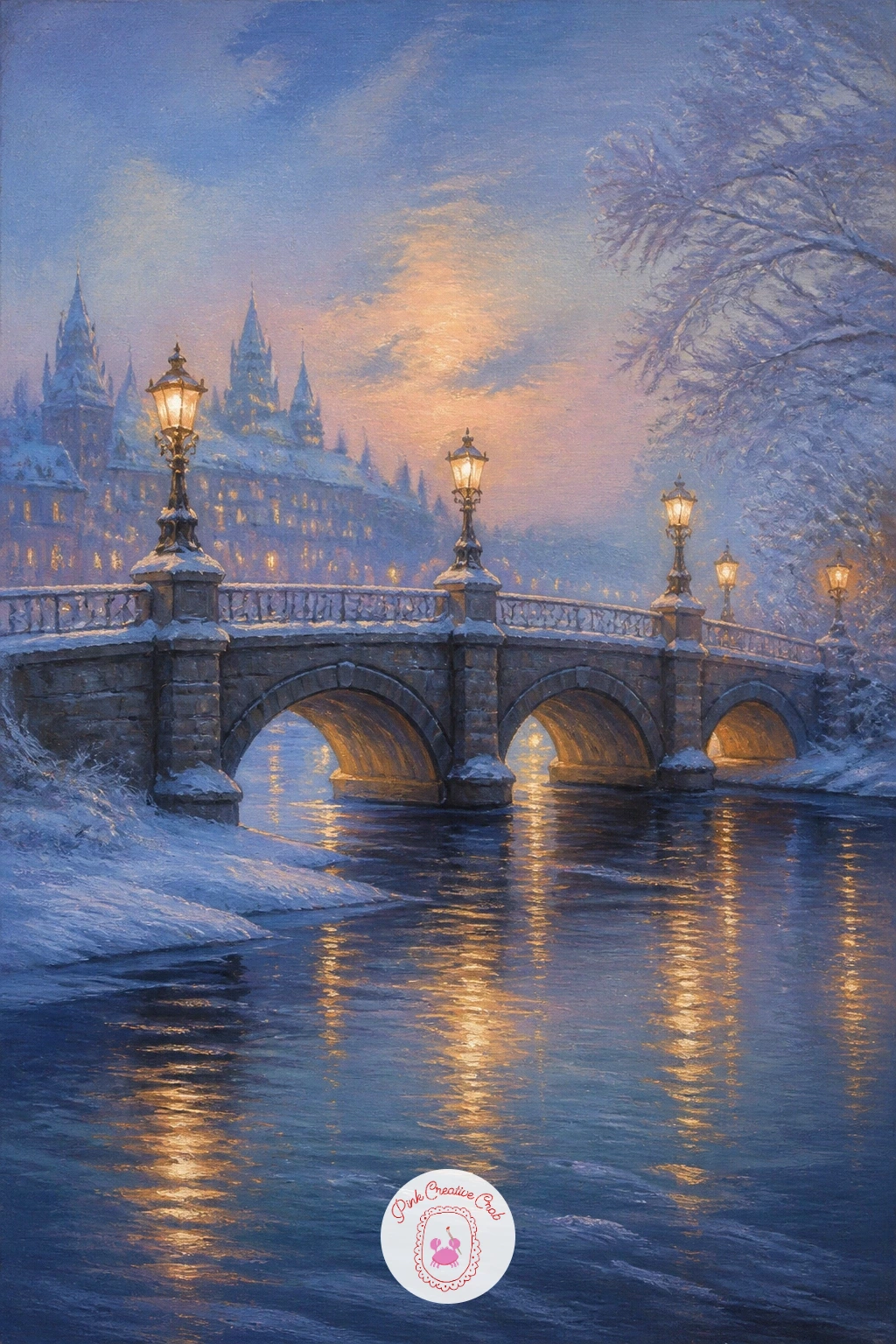 Snowy Bridge With Lamps Over a River — A snowy bridge with lamps over a river leans on reflection, which makes it a satisfying one to paint once you get the