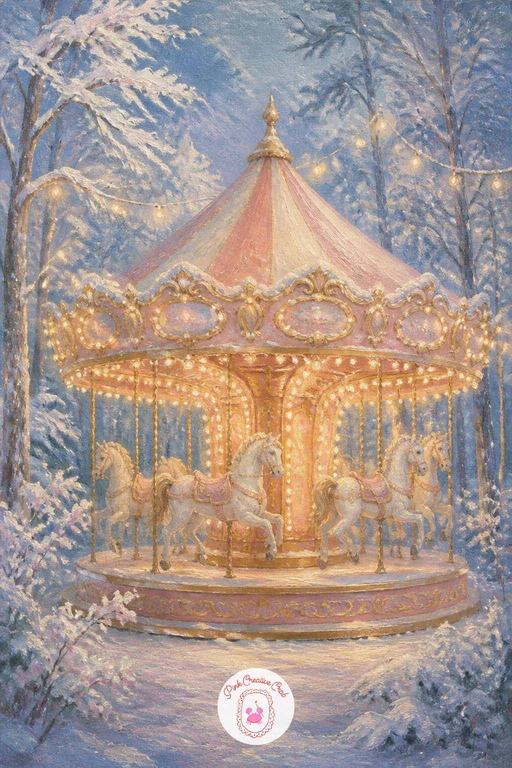 Carousel in a Snowy Forest — A carousel in a snowy forest gives you a bold, colourful focal point against all that white and blue, which makes it a nice change